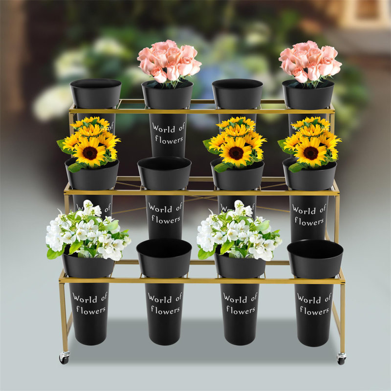Everly Quinn 3-layer Metal Plant Stand with Wheels and Flower